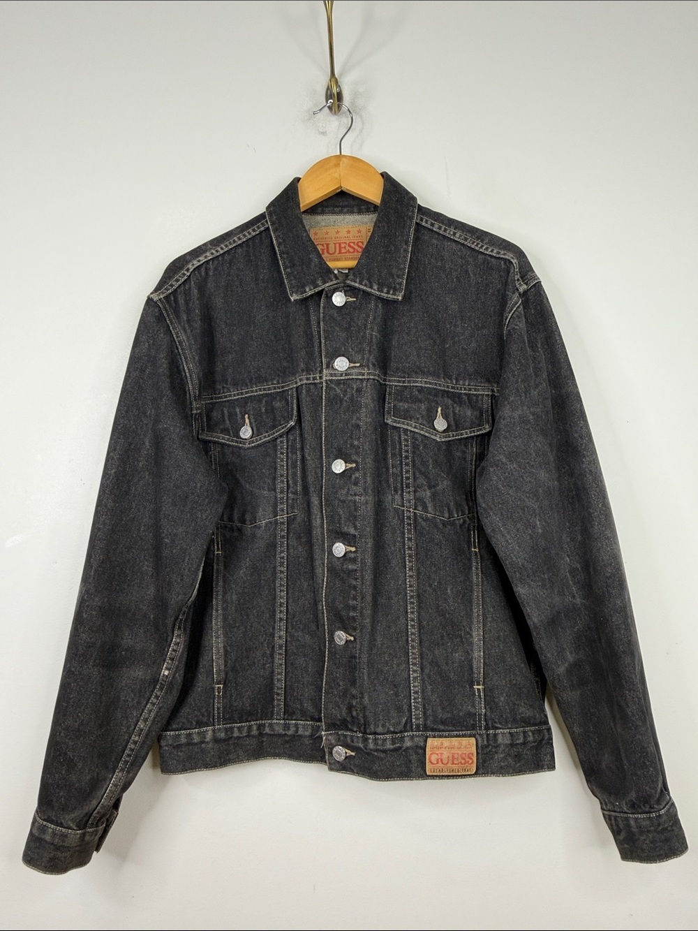 Vintage Guess Jean Jacket Mens Medium Black Denim Oversized Loose Fit 90s